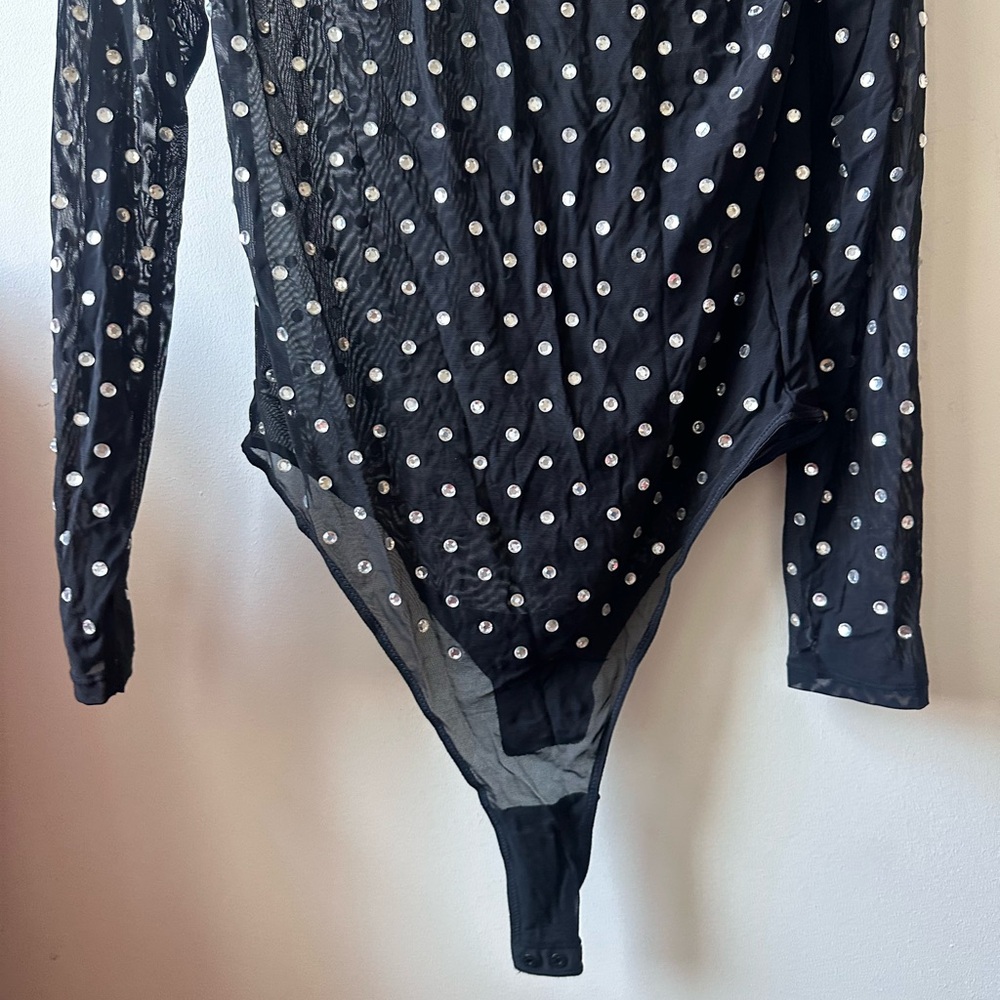 NEW Black Sheer Mesh Mockneck Bodysuit with Rhinestones - Picture 3 of 3